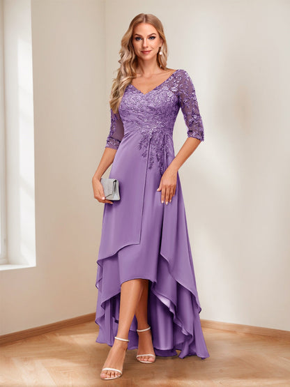 A-Line/Princess V-Neck Half Sleeves Asymmetrical Mother of the Bride Dresses with Appliques