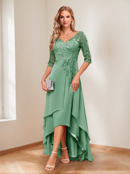 A-Line/Princess V-Neck Half Sleeves Asymmetrical Mother of the Bride Dresses with Appliques