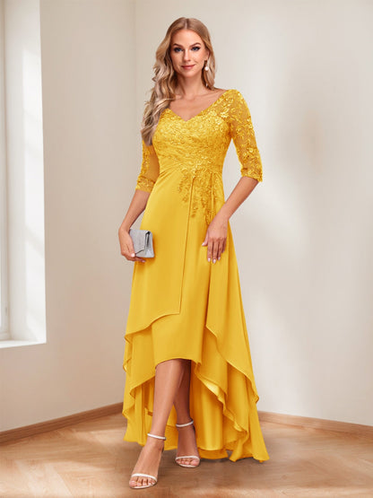 A-Line/Princess V-Neck Half Sleeves Asymmetrical Mother of the Bride Dresses with Appliques