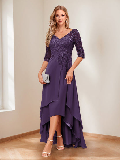 A-Line/Princess V-Neck Half Sleeves Asymmetrical Mother of the Bride Dresses with Appliques