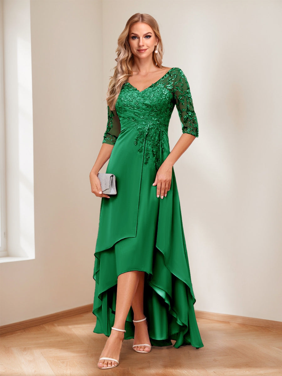 A-Line/Princess V-Neck Half Sleeves Asymmetrical Mother of the Bride Dresses with Appliques