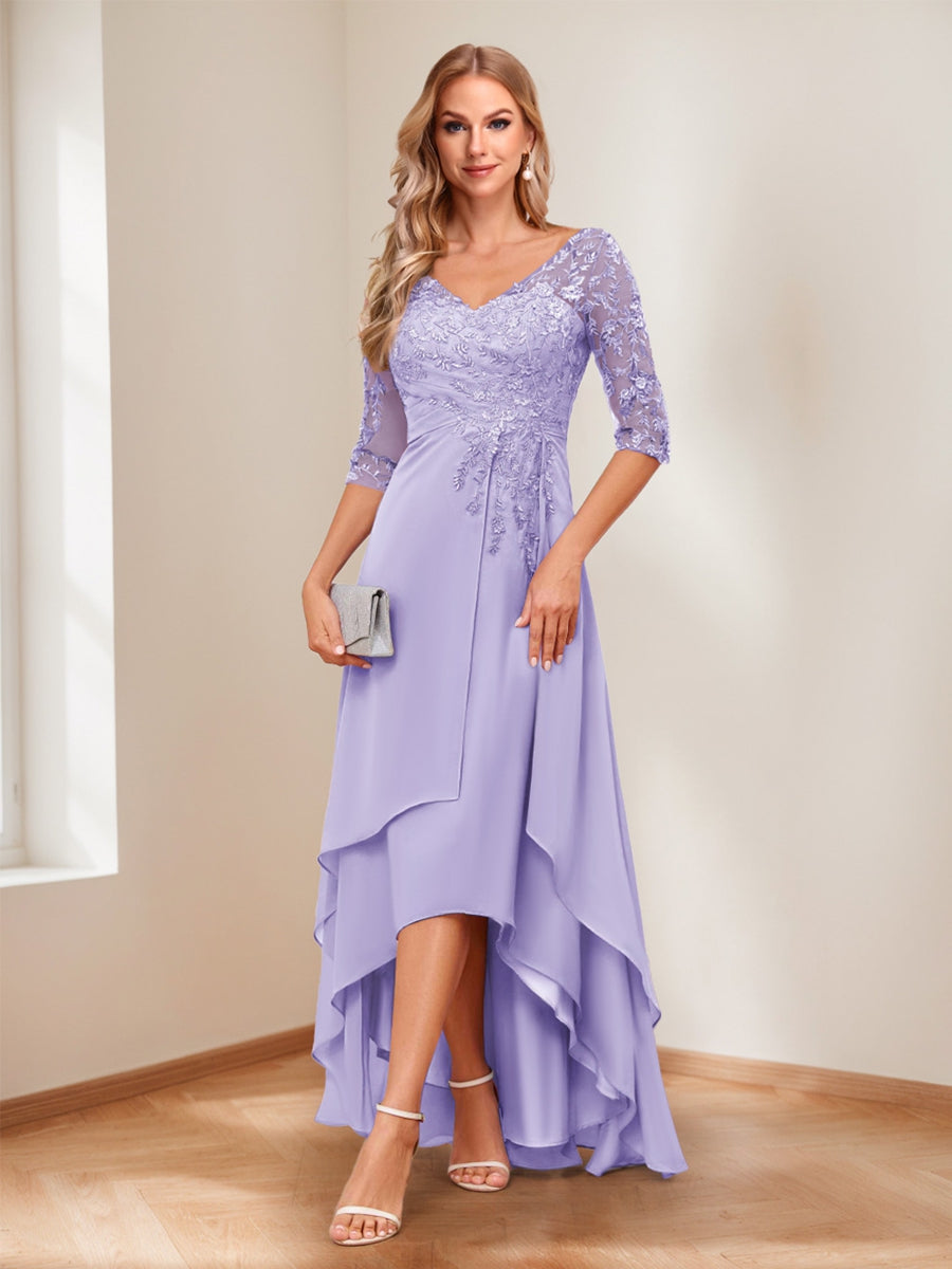 A-Line/Princess V-Neck Half Sleeves Asymmetrical Mother of the Bride Dresses with Appliques