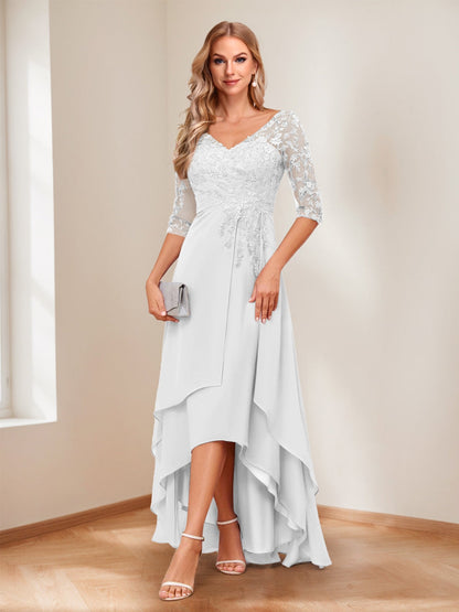 A-Line/Princess V-Neck Half Sleeves Asymmetrical Mother of the Bride Dresses with Appliques