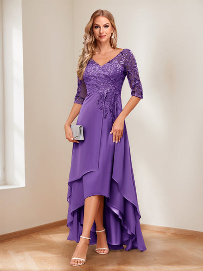A-Line/Princess V-Neck Half Sleeves Asymmetrical Mother of the Bride Dresses with Appliques