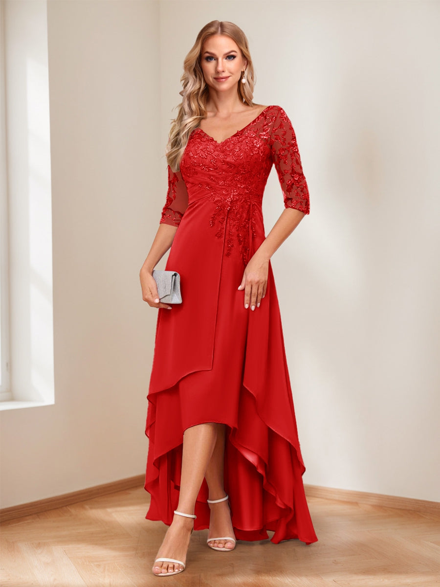 A-Line/Princess V-Neck Half Sleeves Asymmetrical Mother of the Bride Dresses with Appliques