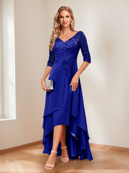 A-Line/Princess V-Neck Half Sleeves Asymmetrical Mother of the Bride Dresses with Appliques