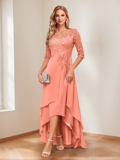 A-Line/Princess V-Neck Half Sleeves Asymmetrical Mother of the Bride Dresses with Appliques