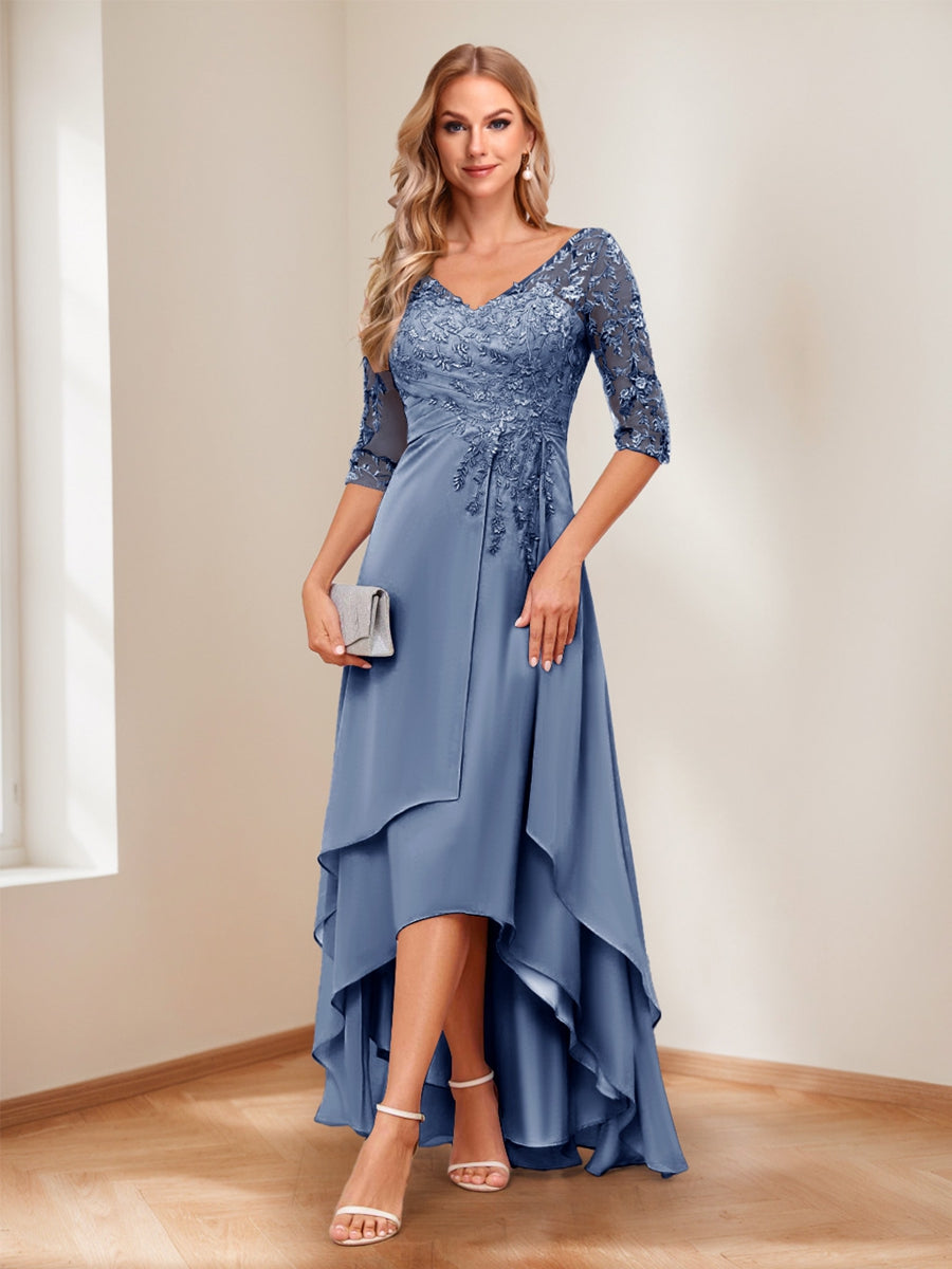 A-Line/Princess V-Neck Half Sleeves Asymmetrical Mother of the Bride Dresses with Appliques