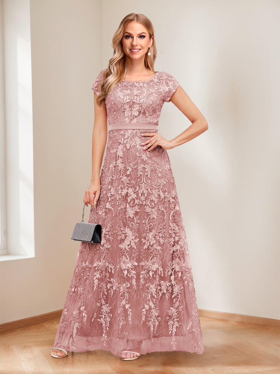 A-Line/Princess Scoop Short Sleeves Mother of the Bride Dresses with Appliques & Beading