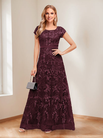 A-Line/Princess Scoop Short Sleeves Mother of the Bride Dresses with Appliques & Beading