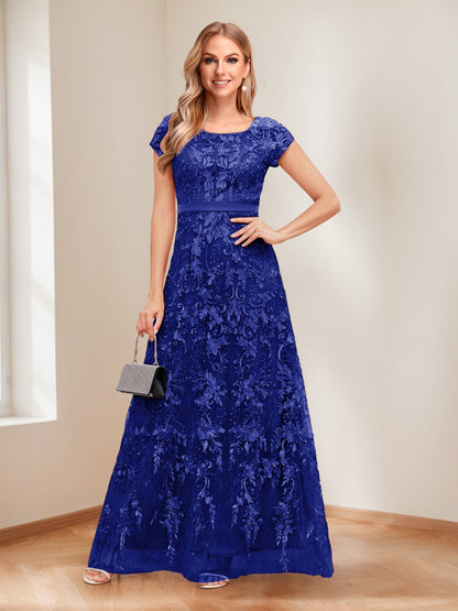 A-Line/Princess Scoop Short Sleeves Mother of the Bride Dresses with Appliques & Beading