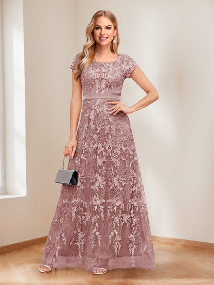 A-Line/Princess Scoop Short Sleeves Mother of the Bride Dresses with Appliques & Beading