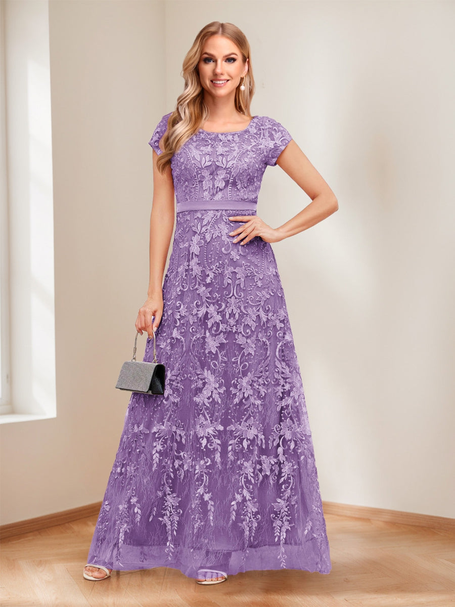 A-Line/Princess Scoop Short Sleeves Mother of the Bride Dresses with Appliques & Beading