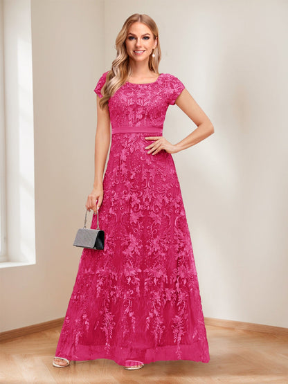 A-Line/Princess Scoop Short Sleeves Mother of the Bride Dresses with Appliques & Beading