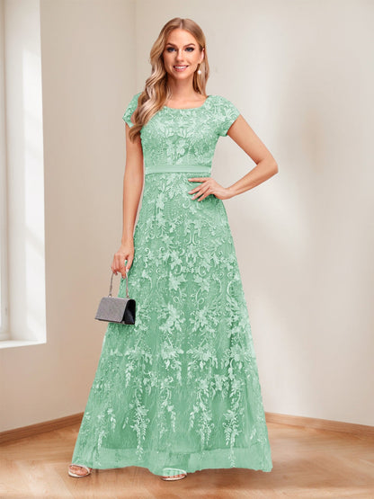 A-Line/Princess Scoop Short Sleeves Mother of the Bride Dresses with Appliques & Beading