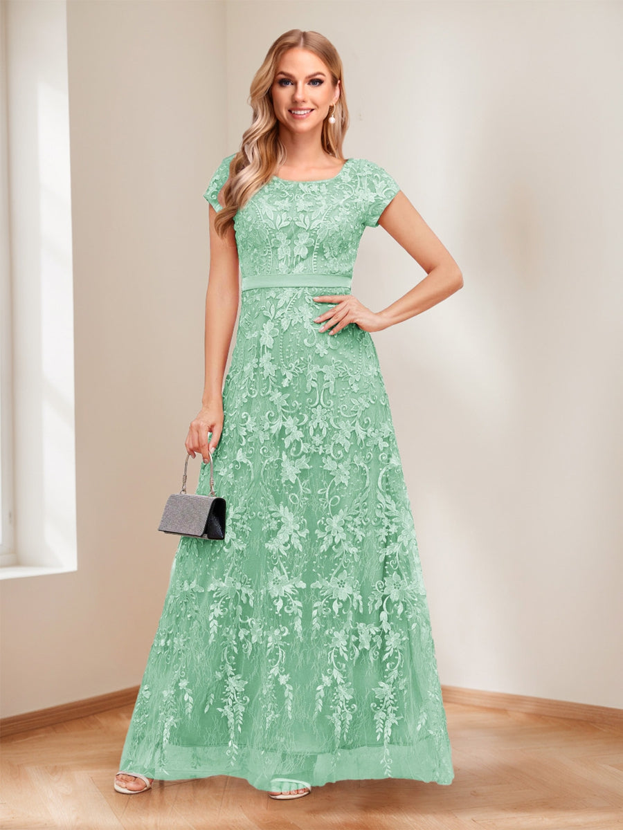 A-Line/Princess Scoop Short Sleeves Mother of the Bride Dresses with Appliques & Beading