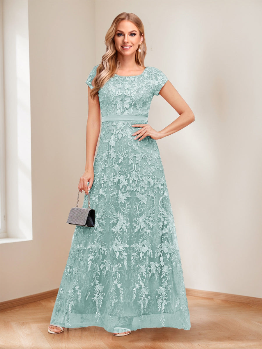 A-Line/Princess Scoop Short Sleeves Mother of the Bride Dresses with Appliques & Beading