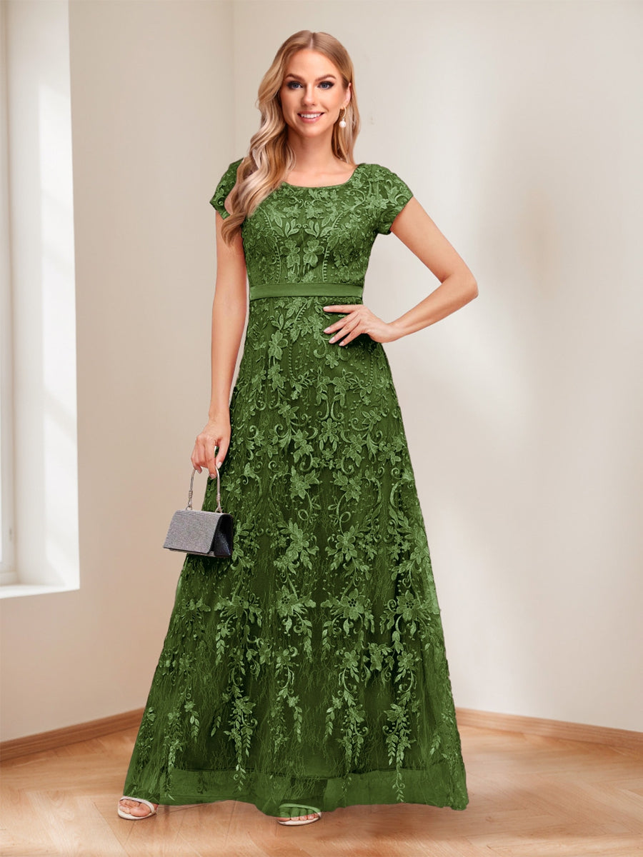 A-Line/Princess Scoop Short Sleeves Mother of the Bride Dresses with Appliques & Beading