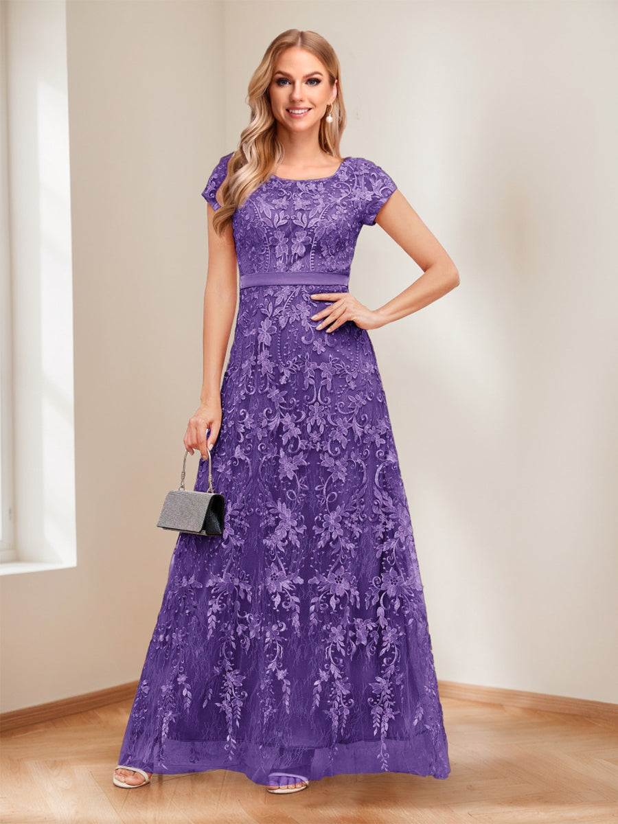 A-Line/Princess Scoop Short Sleeves Mother of the Bride Dresses with Appliques & Beading