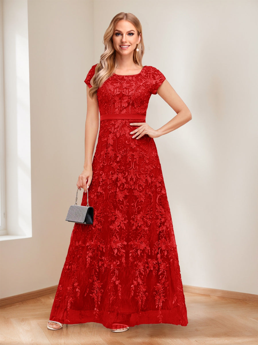 A-Line/Princess Scoop Short Sleeves Mother of the Bride Dresses with Appliques & Beading