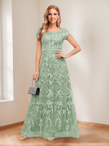 A-Line/Princess Scoop Short Sleeves Mother of the Bride Dresses with Appliques & Beading