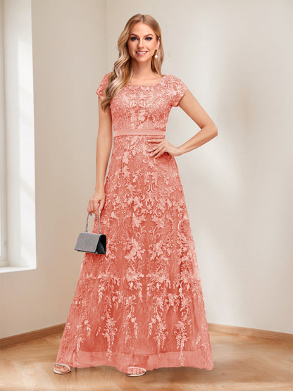 A-Line/Princess Scoop Short Sleeves Mother of the Bride Dresses with Appliques & Beading
