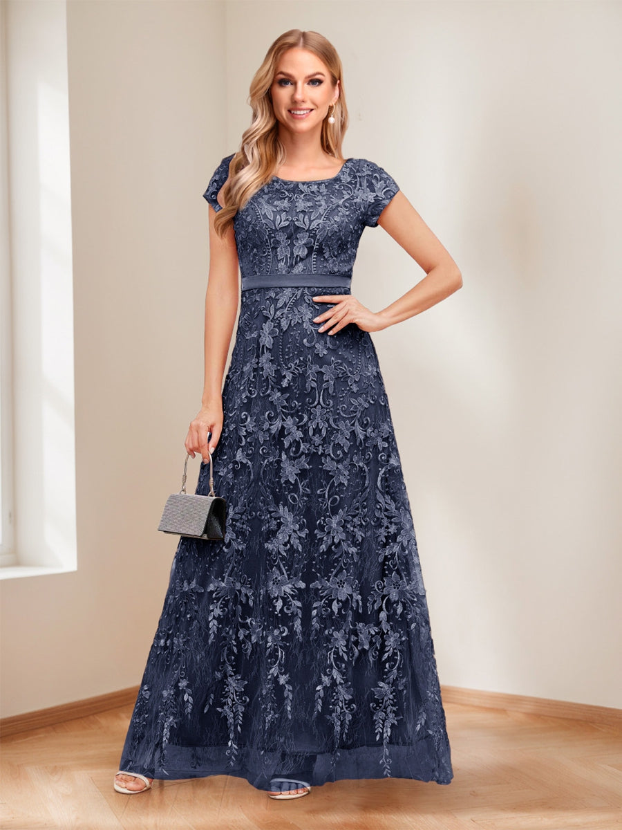 A-Line/Princess Scoop Short Sleeves Mother of the Bride Dresses with Appliques & Beading