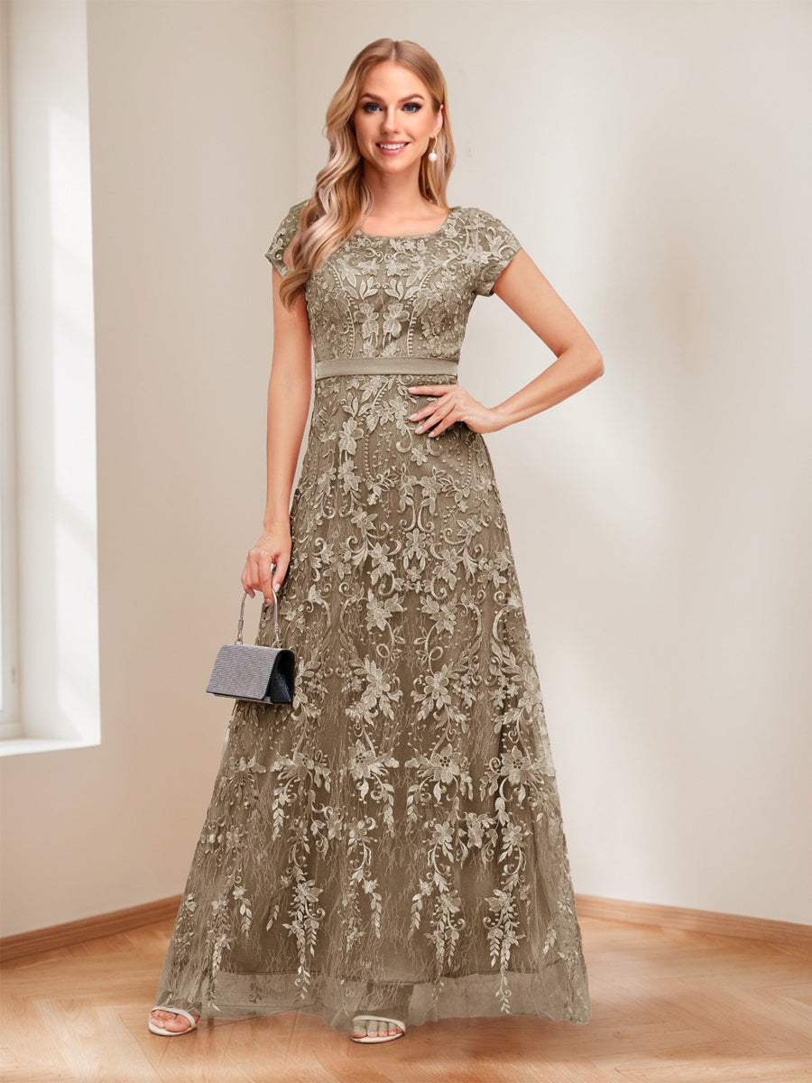 A-Line/Princess Scoop Short Sleeves Mother of the Bride Dresses with Appliques & Beading