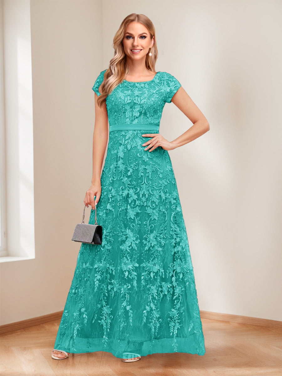 A-Line/Princess Scoop Short Sleeves Mother of the Bride Dresses with Appliques & Beading