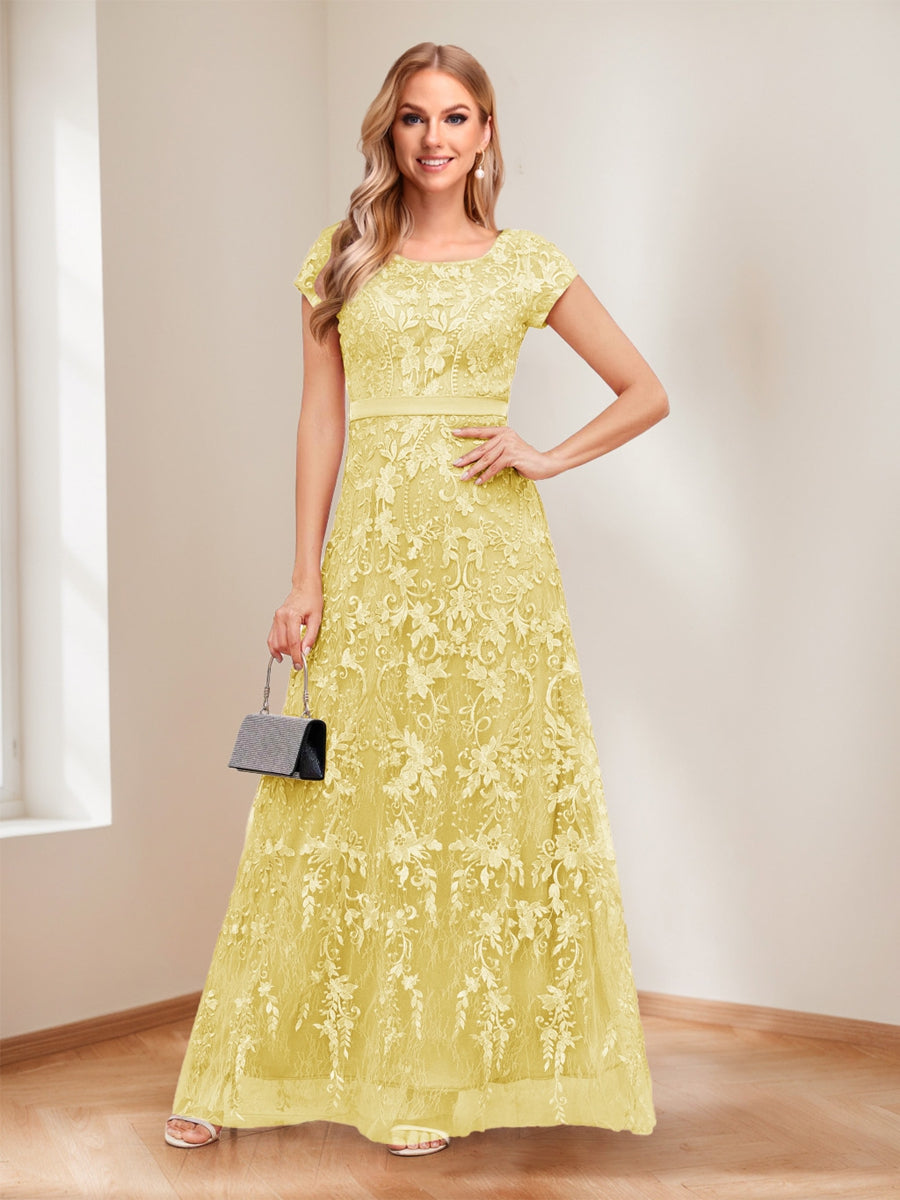 A-Line/Princess Scoop Short Sleeves Mother of the Bride Dresses with Appliques & Beading