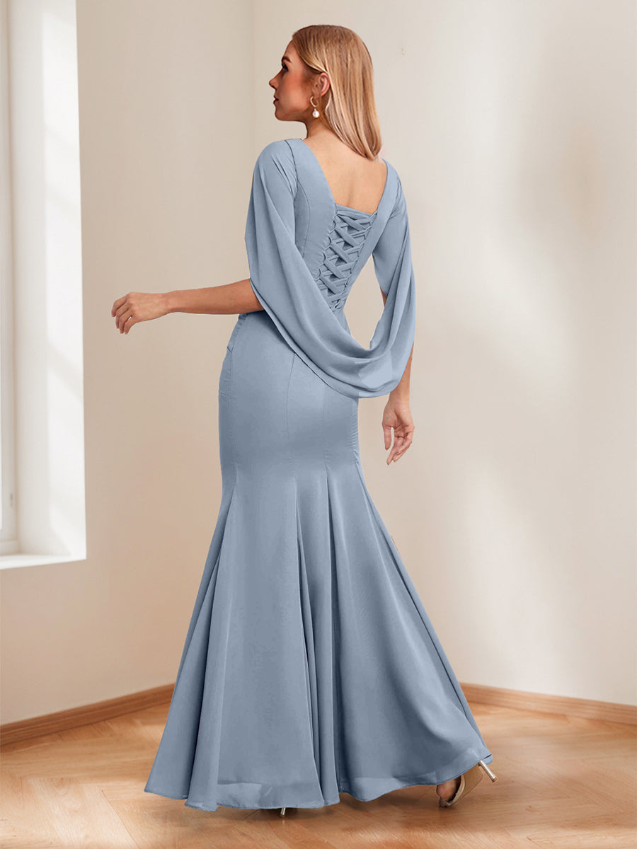 Trumpet/Mermaid Cowl Neck Long Ruched Mother of the Bride Dresses with Ruffles