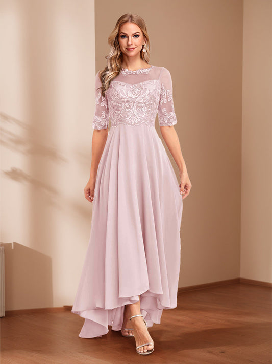 A-Line/Princess Illusion Neck Asymmetrical Mother of the Bride Dresses with Appliques