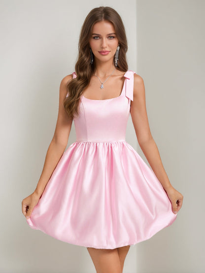 A-Line/Princess Square Sleeveless Short Semi Formal Dresses with Bow
