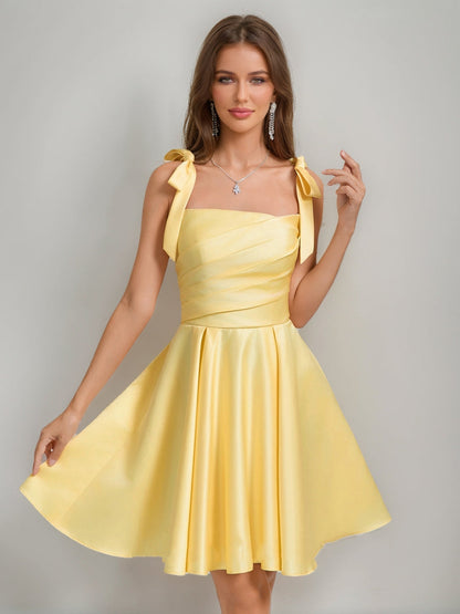 A-Line/Princess Square Pleated Mini Dresses Short Semi Formal Dresses with Bow(s)