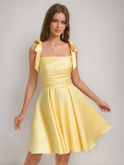 A-Line/Princess Square Pleated Mini Dresses Short Semi Formal Dresses with Bow(s)