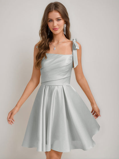 A-Line/Princess Square Pleated Mini Dresses Short Semi Formal Dresses with Bow(s)
