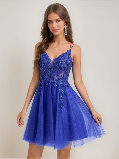 A-Line/Princess V-Neck Straps Tulle Short Semi Formal Dresses with Beading Appliques