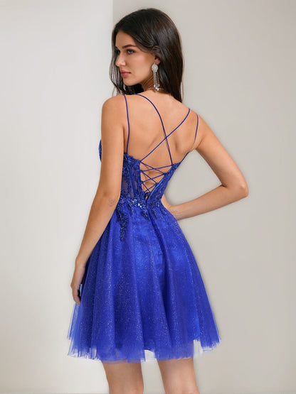 A-Line/Princess V-Neck Straps Tulle Short Semi Formal Dresses with Beading Appliques