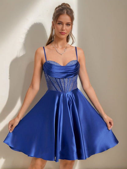 A-Line/Princess Cowl Straps Sleeveless Pleated Short Semi Formal Dresses with Rhinestones