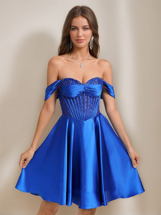A-Line/Princess Off-the-Shoulder Short Elegant Semi Formal Dresses with Rhinestones