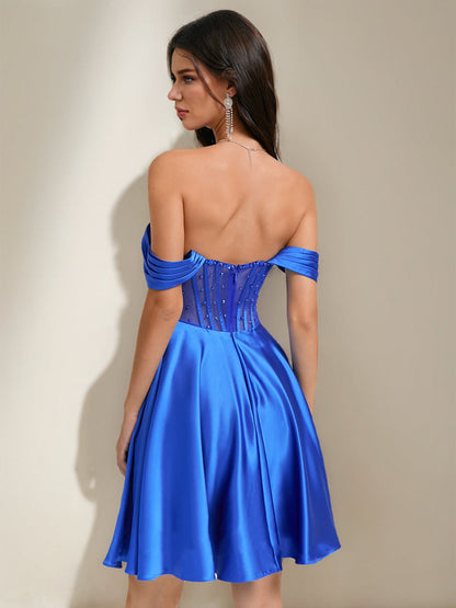 A-Line/Princess Off-the-Shoulder Short Elegant Semi Formal Dresses with Rhinestones