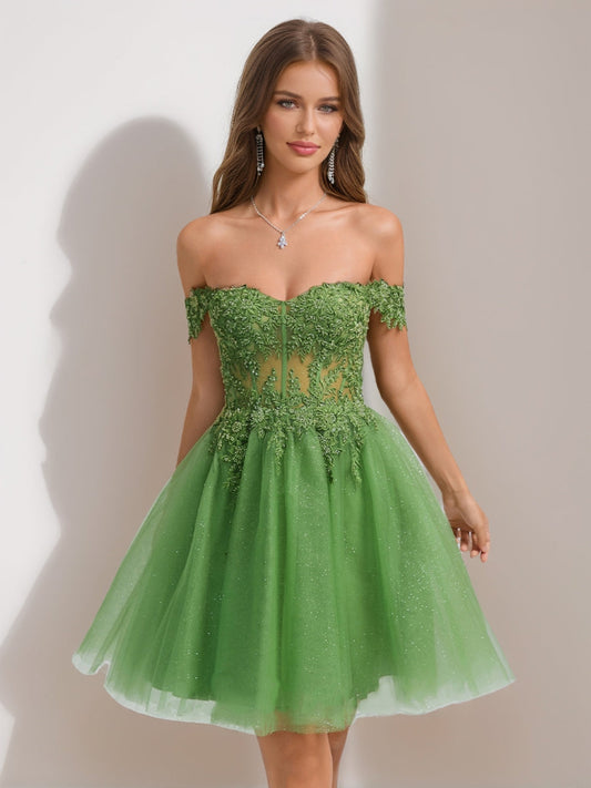 A-Line/Princess Off-the-Shoulder Tulle Short Semi Formal Dresses with Appliques
