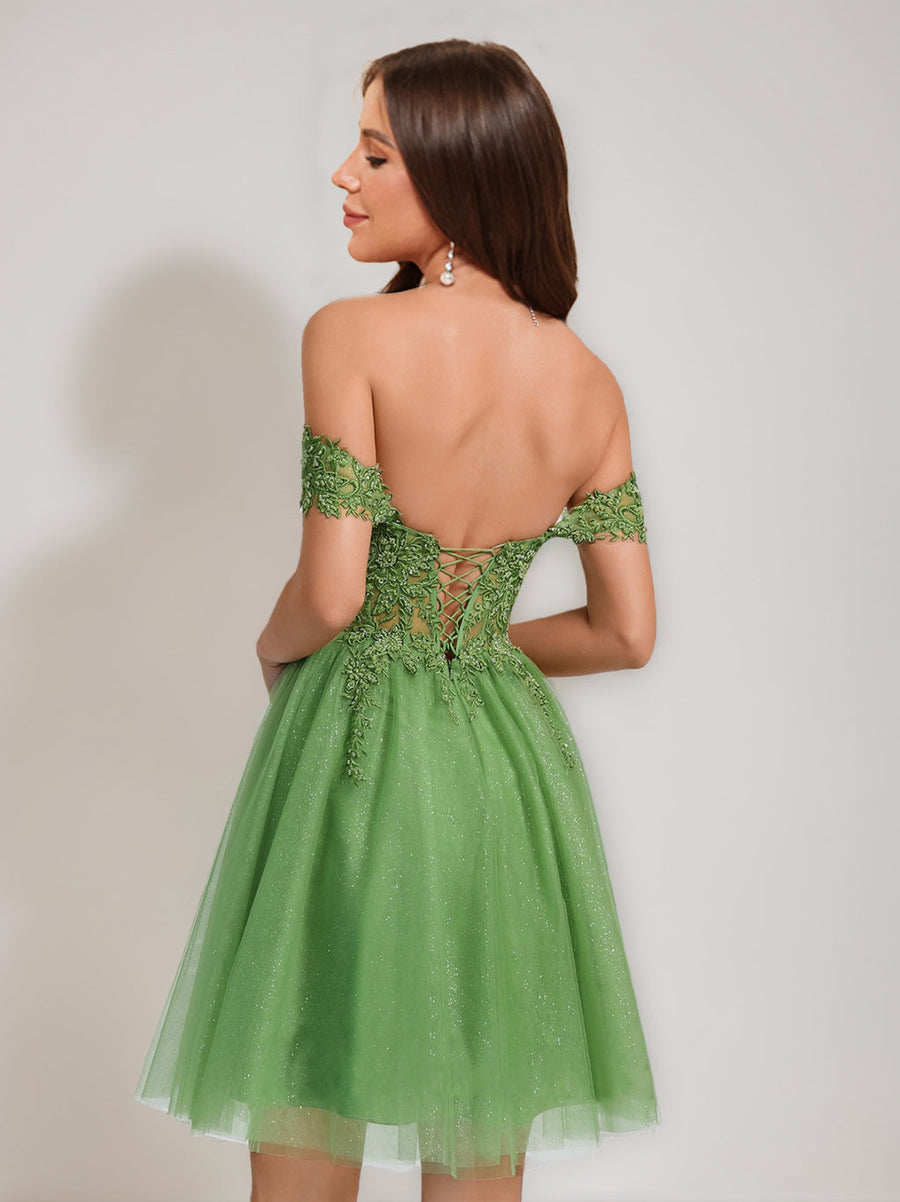 A-Line/Princess Off-the-Shoulder Tulle Short Semi Formal Dresses with Appliques