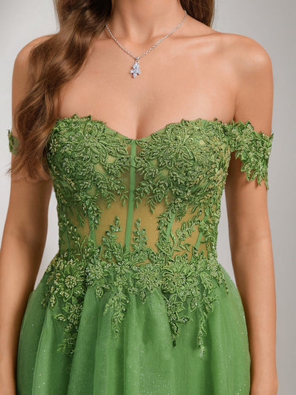 A-Line/Princess Off-the-Shoulder Tulle Short Semi Formal Dresses with Appliques