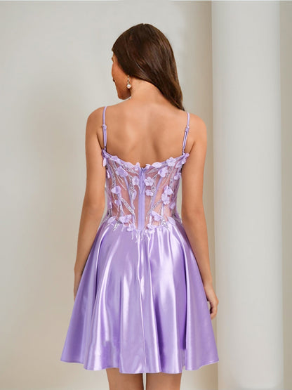 A-Line/Princess Sweetheart Beading Short Semi Formal Dresses with 3D Floral