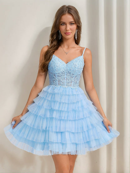 A-Line/Princess V-Neck Straps Ruffle Tiered Short Semi Formal Dresses with Appliques