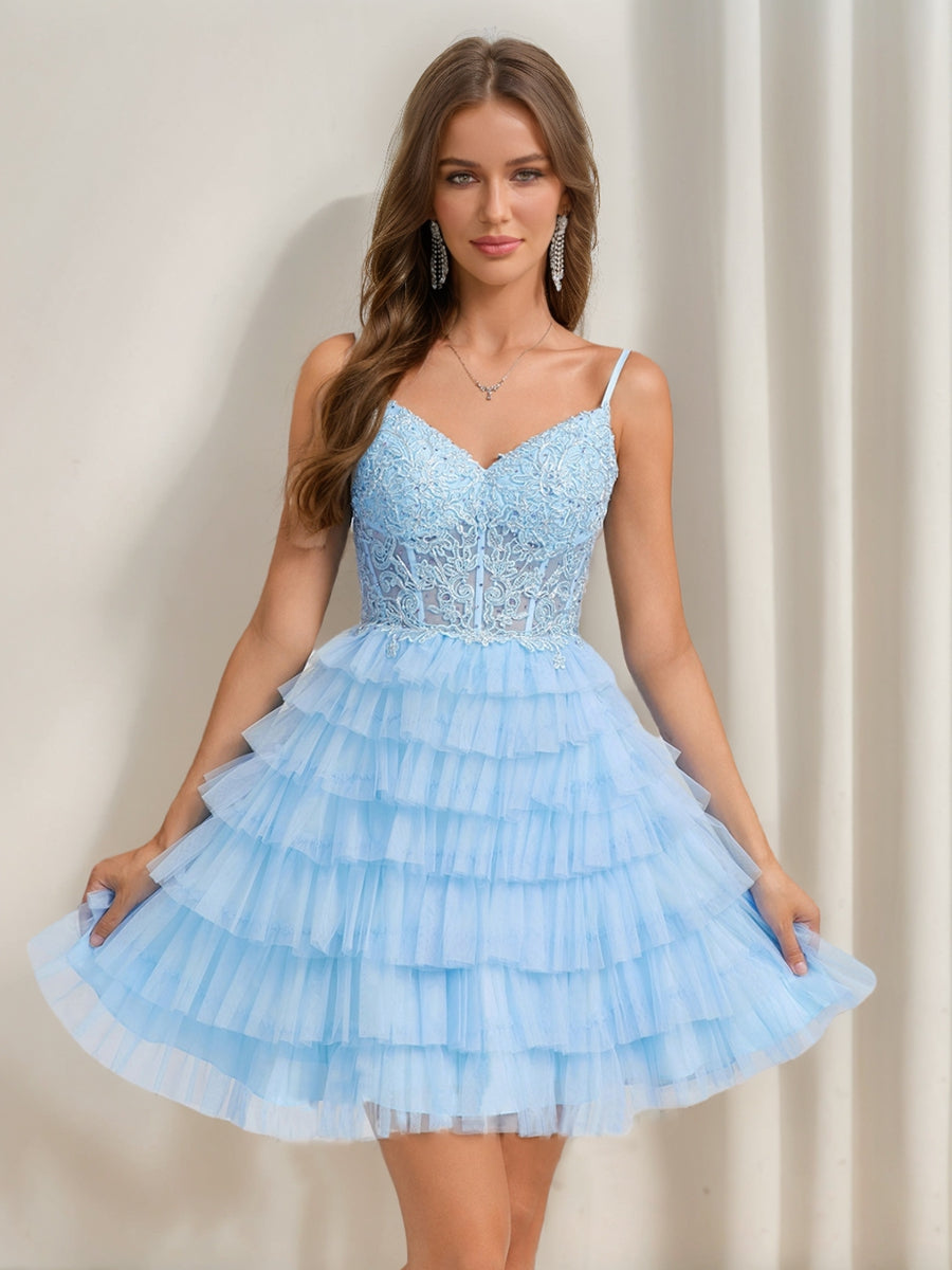 A-Line/Princess V-Neck Straps Ruffle Tiered Short Semi Formal Dresses with Appliques