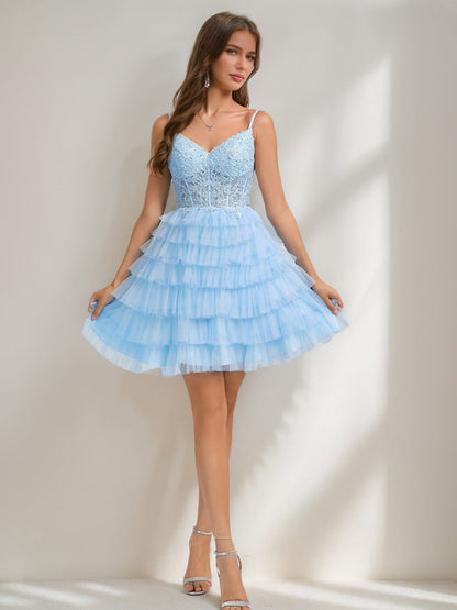 A-Line/Princess V-Neck Straps Ruffle Tiered Short Semi Formal Dresses with Appliques