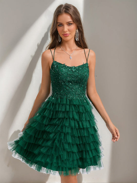 Ball Gown Spaghetti Straps Sequined Short Semi Formal Dresses with Beadings & Appliques