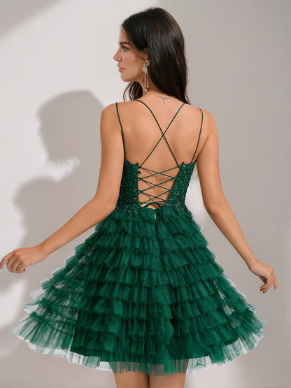 Ball Gown Spaghetti Straps Sequined Short Semi Formal Dresses with Beadings & Appliques